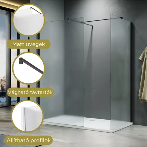 HD Arlo Matt Black Kombi Walk-In zuhanyfal 8 mm vastag vízlepergető biztonsági matt üveggel, 200 cm magas, fekete profillal és távtartóval
