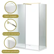 HD Arlo Matt Gold Kombi Walk-In zuhanyfal, 80x110 cm, 8 mm vastag vízlepergető biztonsági matt üveggel, 200 cm magas, arany profillal és távtartóval