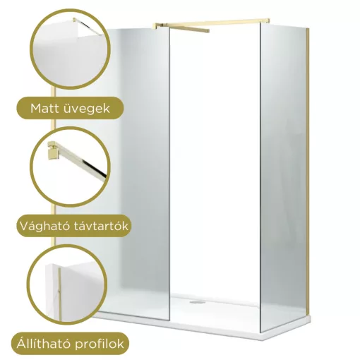 HD Arlo Matt Gold Kombi Walk-In zuhanyfal, 80x110 cm, 8 mm vastag vízlepergető biztonsági matt üveggel, 200 cm magas, arany profillal és távtartóval