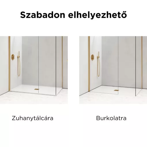 HD Arlo Matt Gold Kombi Walk-In zuhanyfal, 80x110 cm, 8 mm vastag vízlepergető biztonsági matt üveggel, 200 cm magas, arany profillal és távtartóval