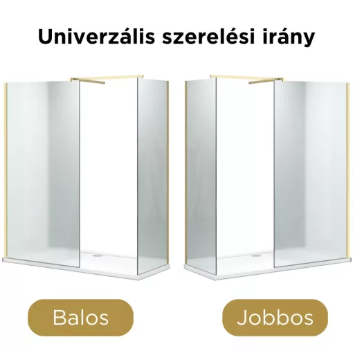 HD Arlo Matt Gold Kombi Walk-In zuhanyfal, 80x110 cm, 8 mm vastag vízlepergető biztonsági matt üveggel, 200 cm magas, arany profillal és távtartóval