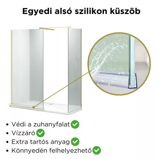 HD Arlo Matt Gold Kombi Walk-In zuhanyfal, 80x110 cm, 8 mm vastag vízlepergető biztonsági matt üveggel, 200 cm magas, arany profillal és távtartóval