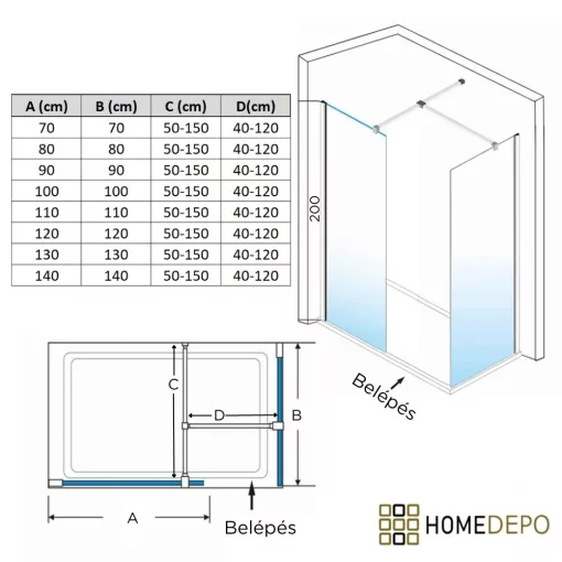 HD Arlo Matt Gold Kombi Walk-In zuhanyfal, 80x110 cm, 8 mm vastag vízlepergető biztonsági matt üveggel, 200 cm magas, arany profillal és távtartóval