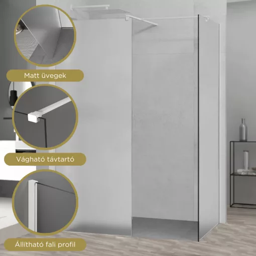 HD Arlo Matt White Kombi Walk-In zuhanyfal 8 mm vastag vízlepergető biztonsági matt üveggel, 200 cm magas, fehér profillal és távtartóval