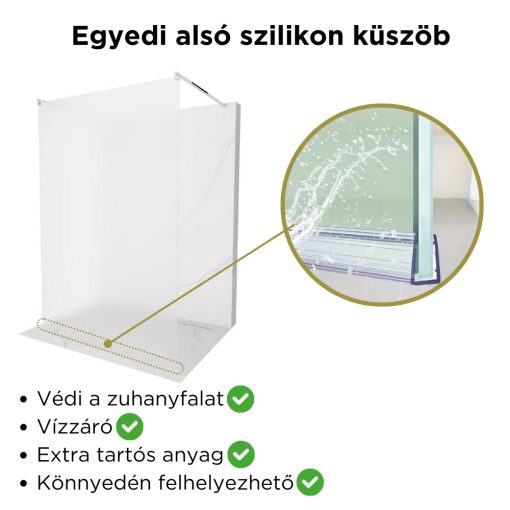HD Arlo Matt Light szabadonálló Walk-In zuhanyfal, 90x200 cm, 8 mm vastag vízlepergető biztonsági matt üveggel, 200 cm magas, két króm távtartóval
