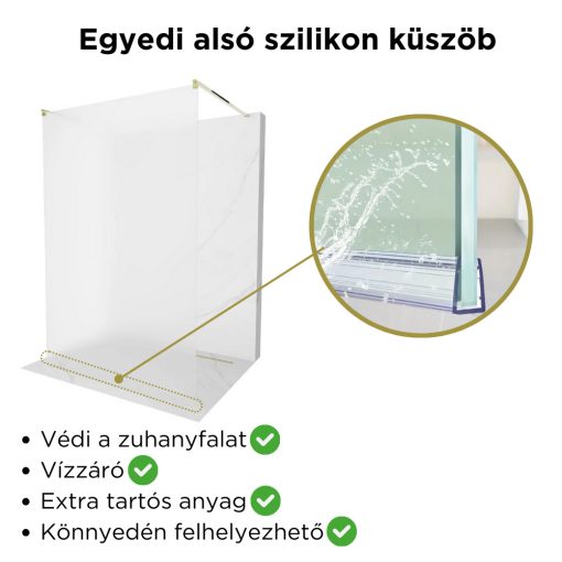 HD Arlo Matt Light Gold szabadonálló Walk-In zuhanyfal, 120x200 cm, 8 mm vastag vízlepergető biztonsági matt üveggel, 200 cm magas, két arany távtartóval