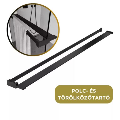 HD Arlo+ Matt Black Walk-In zuhanyfal, 110x200 cm, 8 mm vastag vízlepergető biztonsági matt üveggel, 200 cm magas, fekete profillal és távtartóval