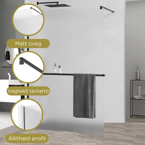 HD Arlo+ Matt Black Walk-In zuhanyfal, 110x200 cm, 8 mm vastag vízlepergető biztonsági matt üveggel, 200 cm magas, fekete profillal és távtartóval
