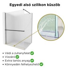 HD Arlo+ Matt Black Walk-In zuhanyfal, 110x200 cm, 8 mm vastag vízlepergető biztonsági matt üveggel, 200 cm magas, fekete profillal és távtartóval