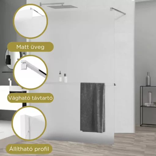 HD Arlo+ Matt Walk-In zuhanyfal 8 mm vastag vízlepergető biztonsági matt üveggel, 200 cm magas, króm profillal és távtartóval