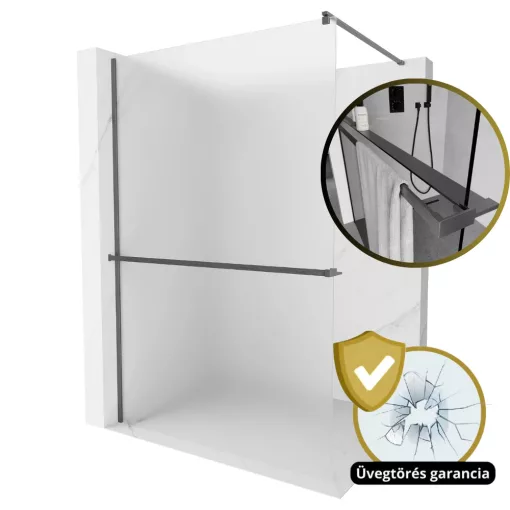 HD Arlo+ Matt Gun Grey Walk-In zuhanyfal 8 mm vastag vízlepergető biztonsági matt üveggel, 200 cm magas, szürke profillal és távtartóval