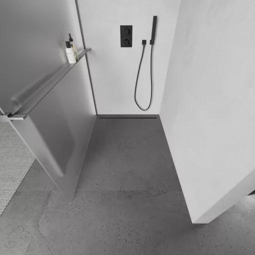 HD Arlo+ Matt Gun Grey Walk-In zuhanyfal 8 mm vastag vízlepergető biztonsági matt üveggel, 200 cm magas, szürke profillal és távtartóval