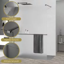 HD Arlo+ Matt Gun Grey Walk-In zuhanyfal 8 mm vastag vízlepergető biztonsági matt üveggel, 200 cm magas, szürke profillal és távtartóval
