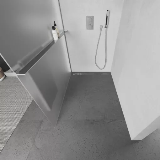 HD Arlo+ "L" Matt Walk-In zuhanyfal 8 mm vastag vízlepergető biztonsági matt üveggel, 200 cm magas, króm profillal és "L" stabilizátorral
