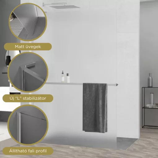 HD Arlo+ "L" Matt Walk-In zuhanyfal 8 mm vastag vízlepergető biztonsági matt üveggel, 200 cm magas, króm profillal és "L" stabilizátorral