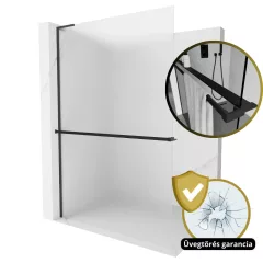   HD Arlo+ "L" Matt Black Walk-In zuhanyfal 8 mm vastag vízlepergető biztonsági matt üveggel, 200 cm magas, fekete profillal és "L" stabilizátorral