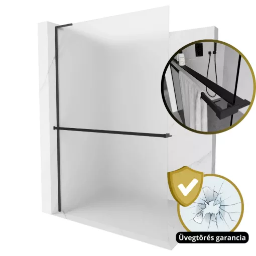 HD Arlo+ "L" Matt Black Walk-In zuhanyfal 8 mm vastag vízlepergető biztonsági matt üveggel, 200 cm magas, fekete profillal és "L" stabilizátorral