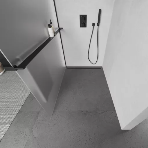 HD Arlo+ "L" Matt Black Walk-In zuhanyfal 8 mm vastag vízlepergető biztonsági matt üveggel, 200 cm magas, fekete profillal és "L" stabilizátorral