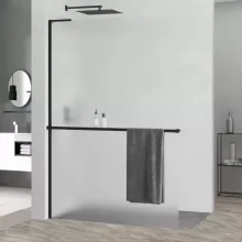 HD Arlo+ "L" Matt Black Walk-In zuhanyfal 8 mm vastag vízlepergető biztonsági matt üveggel, 200 cm magas, fekete profillal és "L" stabilizátorral