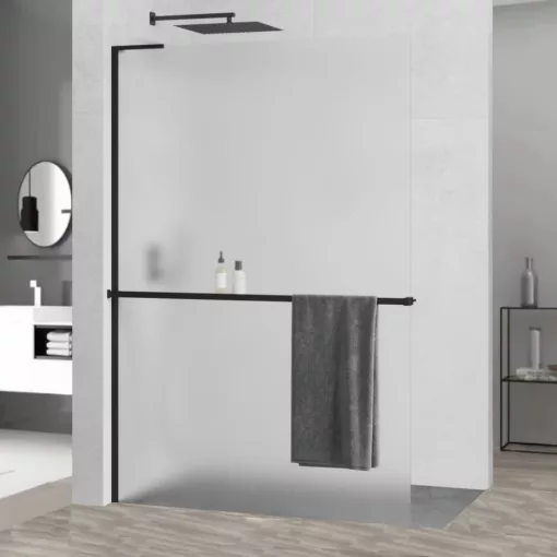 HD Arlo+ "L" Matt Black Walk-In zuhanyfal 8 mm vastag vízlepergető biztonsági matt üveggel, 200 cm magas, fekete profillal és "L" stabilizátorral
