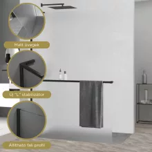 HD Arlo+ "L" Matt Black Walk-In zuhanyfal 8 mm vastag vízlepergető biztonsági matt üveggel, 200 cm magas, fekete profillal és "L" stabilizátorral