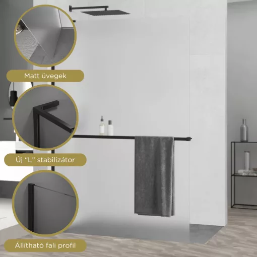 HD Arlo+ "L" Matt Black Walk-In zuhanyfal 8 mm vastag vízlepergető biztonsági matt üveggel, 200 cm magas, fekete profillal és "L" stabilizátorral