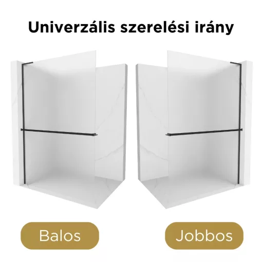 HD Arlo+ "L" Matt Black Walk-In zuhanyfal 8 mm vastag vízlepergető biztonsági matt üveggel, 200 cm magas, fekete profillal és "L" stabilizátorral