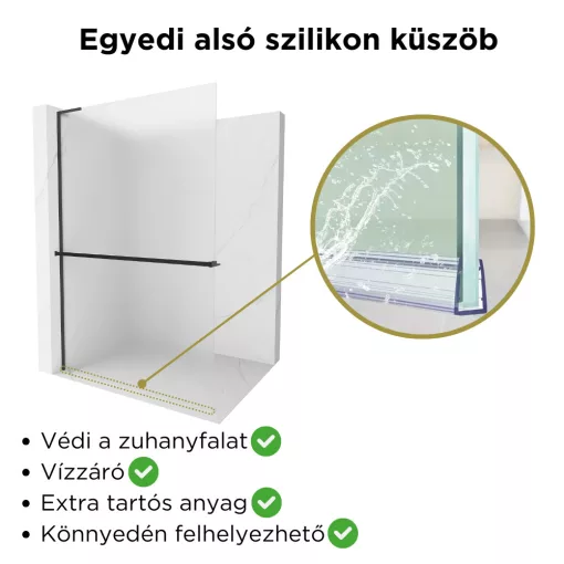 HD Arlo+ "L" Matt Black Walk-In zuhanyfal 8 mm vastag vízlepergető biztonsági matt üveggel, 200 cm magas, fekete profillal és "L" stabilizátorral