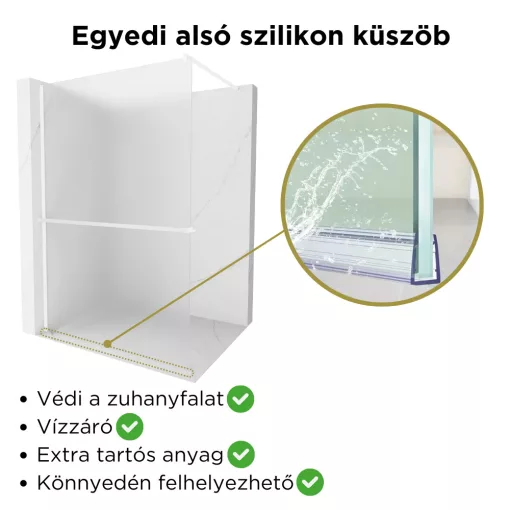 HD Arlo+ Matt White Walk-In zuhanyfal, 130x200 cm, 8 mm vastag vízlepergető biztonsági matt üveggel, 200 cm magas, fehér profillal és távtartóval