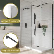 HD Arlo Black Kombi Walk-In zuhanyfal, 130x130 cm, 8 mm vastag vízlepergető biztonsági üveggel, 200 cm magas, fekete profillal és távtartóval