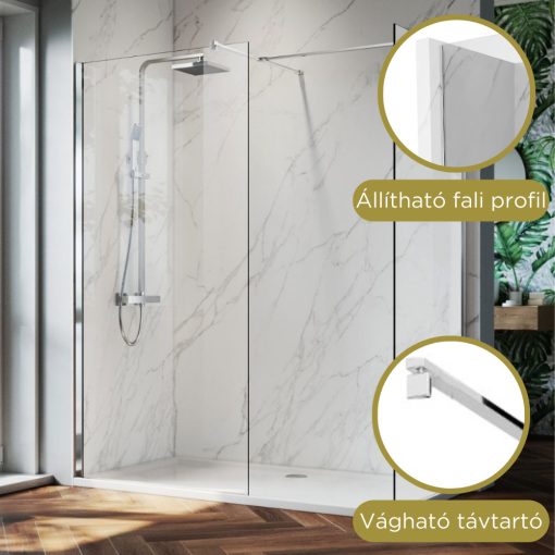 HD Arlo Kombi Walk-In zuhanyfal, 100x70 cm, 8 mm vastag vízlepergető biztonsági üveggel, 200 cm magas, króm profillal és távtartóval