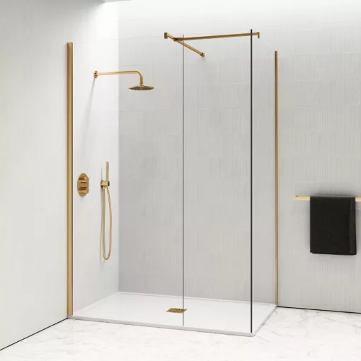HD Arlo Gold Kombi Walk-In zuhanyfal, 80x90 cm, 8 mm vastag vízlepergető biztonsági üveggel, 200 cm magas, arany profillal és távtartóval