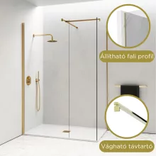 HD Arlo Gold Kombi Walk-In zuhanyfal, 80x90 cm, 8 mm vastag vízlepergető biztonsági üveggel, 200 cm magas, arany profillal és távtartóval