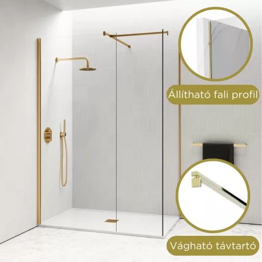 HD Arlo Gold Kombi Walk-In zuhanyfal, 80x90 cm, 8 mm vastag vízlepergető biztonsági üveggel, 200 cm magas, arany profillal és távtartóval