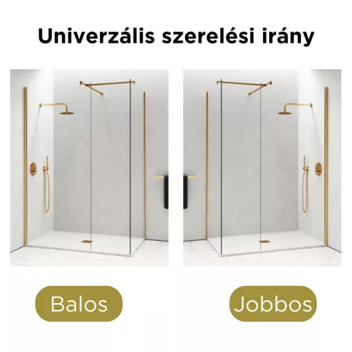 HD Arlo Gold Kombi Walk-In zuhanyfal, 80x90 cm, 8 mm vastag vízlepergető biztonsági üveggel, 200 cm magas, arany profillal és távtartóval