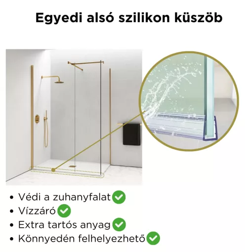HD Arlo Gold Kombi Walk-In zuhanyfal, 80x90 cm, 8 mm vastag vízlepergető biztonsági üveggel, 200 cm magas, arany profillal és távtartóval