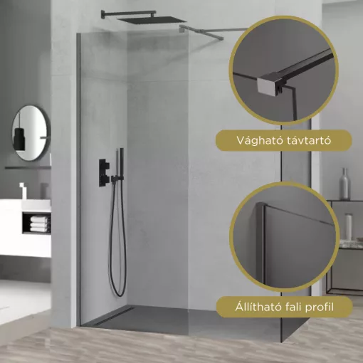 HD Arlo Gun Grey Kombi Walk-In zuhanyfal 8 mm vastag vízlepergető biztonsági üveggel, 200 cm magas, szürke profillal és távtartóval
