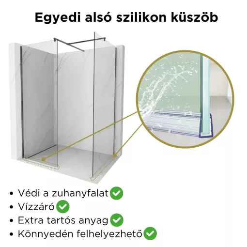 HD Arlo Gun Grey Kombi Walk-In zuhanyfal 8 mm vastag vízlepergető biztonsági üveggel, 200 cm magas, szürke profillal és távtartóval