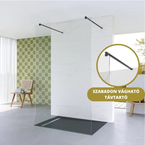HD Arlo Light Black szabadonálló Walk-In zuhanyfal 8 mm vastag vízlepergető biztonsági üveggel, 200 cm magas, két távtartóval