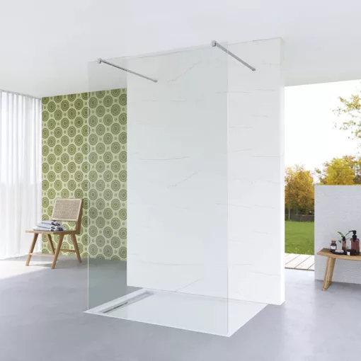 HD Arlo Light szabadonálló Walk-In zuhanyfal, 90x200 cm, 8 mm vastag vízlepergető biztonsági üveggel, 200 cm magas, két króm távtartóval