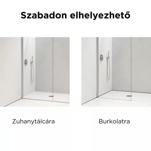 HD Arlo Light szabadonálló Walk-In zuhanyfal, 90x200 cm, 8 mm vastag vízlepergető biztonsági üveggel, 200 cm magas, két króm távtartóval