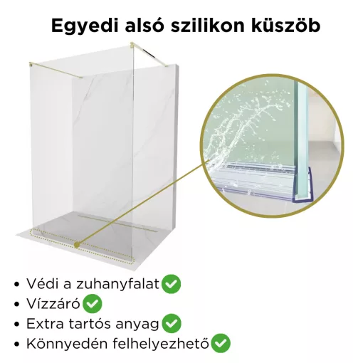 HD Arlo Light Gold szabadonálló Walk-In zuhanyfal 8 mm vastag vízlepergető biztonsági üveggel, 200 cm magas, két távtartóval