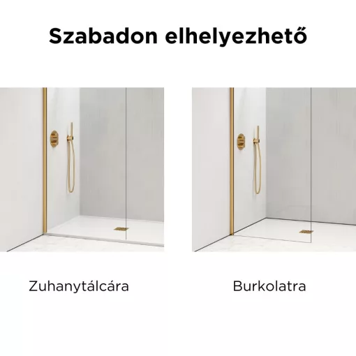 HD Arlo Light Gold szabadonálló Walk-In zuhanyfal 8 mm vastag vízlepergető biztonsági üveggel, 200 cm magas, két távtartóval