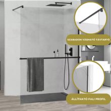 HD Arlo+ Black Walk-In zuhanyfal, 110x200 cm, 8 mm vastag vízlepergető biztonsági üveggel, 200 cm magas, fekete profillal és távtartóval