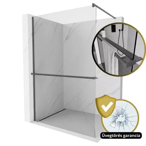 HD Arlo+ Gun Grey Walk-In zuhanyfal, 110x200 cm, 8 mm vastag vízlepergető biztonsági üveggel, 200 cm magas, szürke profillal és távtartóval