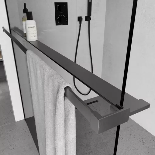 HD Arlo+ Gun Grey Walk-In zuhanyfal, 110x200 cm, 8 mm vastag vízlepergető biztonsági üveggel, 200 cm magas, szürke profillal és távtartóval