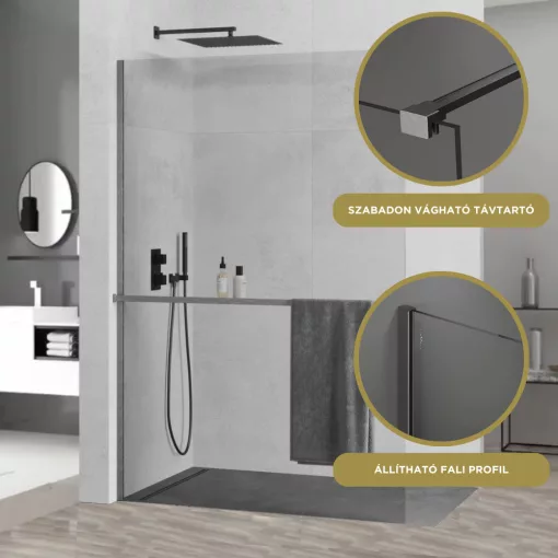 HD Arlo+ Gun Grey Walk-In zuhanyfal, 110x200 cm, 8 mm vastag vízlepergető biztonsági üveggel, 200 cm magas, szürke profillal és távtartóval