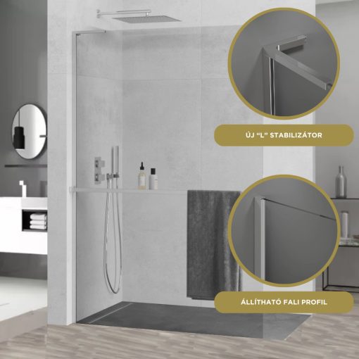HD Arlo+ "L" Walk-In zuhanyfal, 90x200 cm, 8 mm vastag vízlepergető biztonsági üveggel, 200 cm magas, króm profillal és "L" stabilizátorral