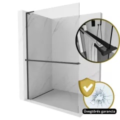   HD Arlo+ "L" Black Walk-In zuhanyfal 8 mm vastag vízlepergető biztonsági üveggel, 200 cm magas, fekete profillal és "L" stabilizátorral