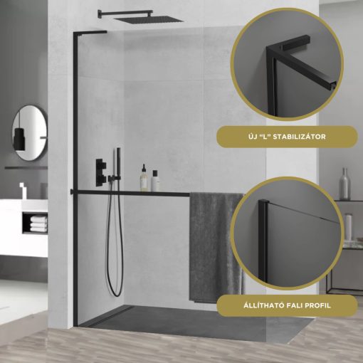 HD Arlo+ "L" Black Walk-In zuhanyfal, 100x200 cm, 8 mm vastag vízlepergető biztonsági üveggel, 200 cm magas, fekete profillal és "L" stabilizátorral